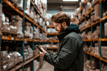 Man using mobile phone to check inventory of goods in warehouse for stock management and logistics