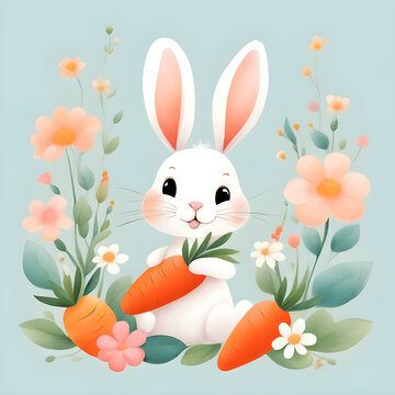 U bunny with a carrot in his hand among the flowers. Cartoon bunny. Clip art