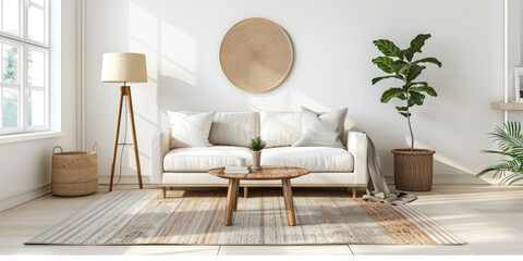 Modern living room interior in white with minimal furniture - obrazy, fototapety, plakaty