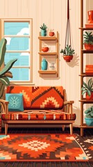 The living room in the house with large windows and decorated in Boho style, cozy home interiors, illustration