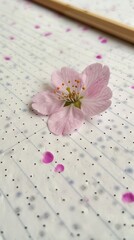 a pink flower sitting on top of a sheet of paper next to a wooden framed picture frame on a dotted surface.