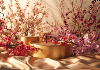 empty 3D cylinder pedestal display scene Japanese, Background full of plum and cherry blossom, Golden display podium on silk
