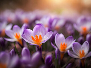Purple Crocus Flowers in Spring Easter Background