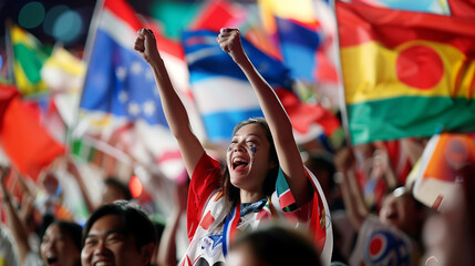 Exuberant Sports Fans Celebrating with Flags, Faces Alive with Joy, in a Colorful Display of International Fellowship at the Games.
