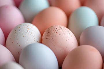 A variety of patterned Easter eggs in soft pastel shades showcasing different decorative techniques..
