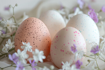 A variety of patterned Easter eggs in soft pastel shades showcasing different decorative techniques..