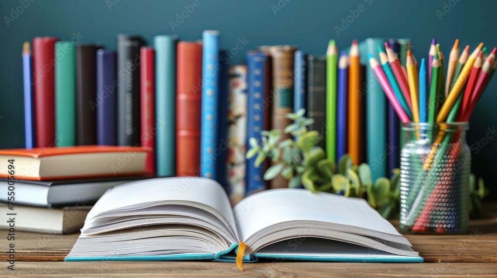 Poster an open book sitting on top of a wooden table next to a vase filled with colorful pencils and a stac