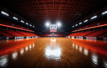  basketball hall with empty stands, dark basketball court, basketball stadium.