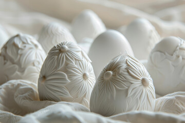 Fototapeta na wymiar A serene collection of white Easter eggs, each with delicate carved floral patterns, laid gently on soft fabric..