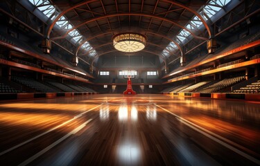 Fototapeta na wymiar basketball hall with empty stands, dark basketball court, basketball stadium.