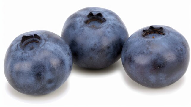 three blueberries sitting next to each other on top of a white surface and one has a bite taken out of it.