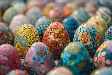 Fototapeta na wymiar A stunning collection of Easter eggs adorned with intricate mosaic patterns and vibrant colors..