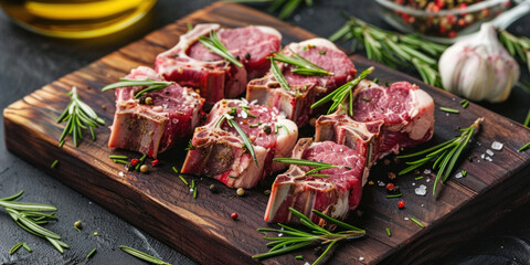 Fresh Raw Meat on Wooden Cutting Board with Rosemary Sprigs and Olive Oil for Cooking Preparation
