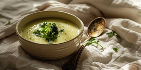 Vegetarian Creamy Broccoli Soup with Toasted Bread. Serve cream soup in a tureen on a linen tablecloth. Delicious healthy broccoli soup to improve digestion. Healthy nutritious food concept. - obrazy, fototapety, plakaty