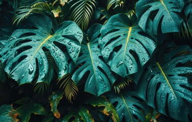 background of dark green tropical leaves, monstera, palm.