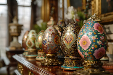 Fototapeta premium Exquisite collection of ornate Easter eggs with intricate designs displayed on brass stands..