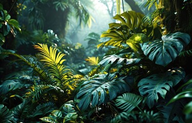 Fototapeta premium background of dark green tropical leaves, monstera, palm.