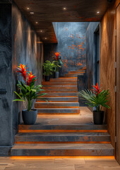 Stairs and flower pots in modern interior