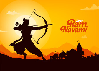Shree Ram Navami, vector Illustration, silhouette of Lord Ram bow arrow and Ayodhya Ram temple background 
 - obrazy, fototapety, plakaty
