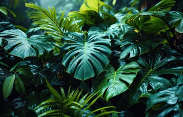 Fototapeta na wymiar background of dark green tropical leaves, monstera, palm.