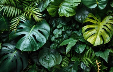 Fototapeta premium background of dark green tropical leaves, monstera, palm.