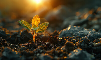 Young plant growing in the morning light and sun - obrazy, fototapety, plakaty