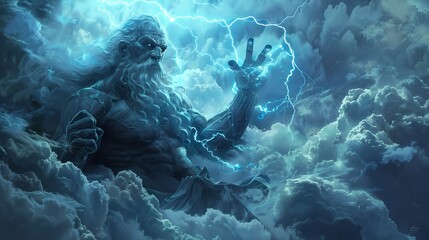 Thunder god in storm and clouds