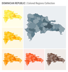 Dominicana map collection. Country shape with colored regions. Blue Grey, Yellow, Amber, Orange, Deep Orange, Brown color palettes. Border of Dominicana with provinces for your infographic.