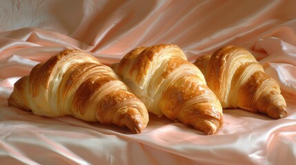 a couple of croissants sitting on top of a pink sheet covered table cloth next to each other.