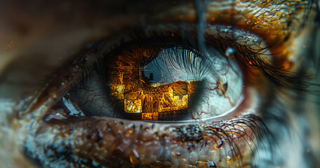 Close-up of human eye with reflection of city