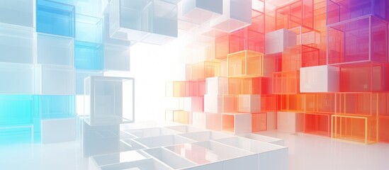 A multilevel public space filled with a variety of colored blocks arranged in an abstract white and colored gradient pattern. Light filters in through a window,