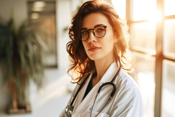 Beautiful confident female doctor with a stethoscope near the window in the rays of the sun