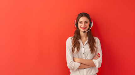 A cheerful young woman wearing a headset smiling confidently, representing friendly customer support on a red background.