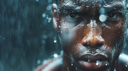 Close-up of a man's face with water droplets, capturing a moment of determination or contemplation in the rain.
