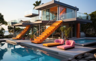 Beautiful modern beach house, minimalistic design, Beach luxury living on Sea view