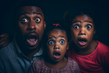 Portrait black , family members look surprised, shocked, frightened eyes on the forehead, with an open mouth - obrazy, fototapety, plakaty