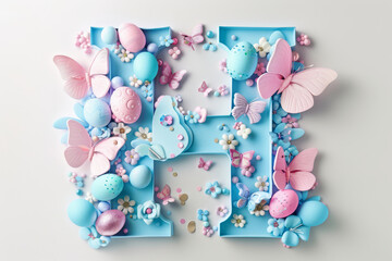 Colorful Easter-themed 3D illustration of the letter with flowers and eggs.