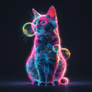 Mischievous 3D cat with glowing bubble gum light painting bursts enhancing the scene