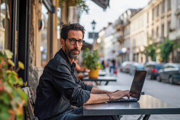 An adult Latin man with a beard in casual clothes works on a laptop while sitting at a table on a cafe terrace. Concept of remote work from a public place, digital freelancing