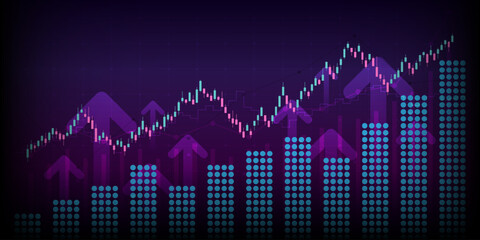 Financial graph with moving up arrow and line chart in stock market on neon color Widescreen background
