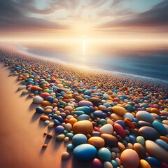 Obraz premium A serene beach scene with a variety of colorful pebbles scattered along the shoreline.