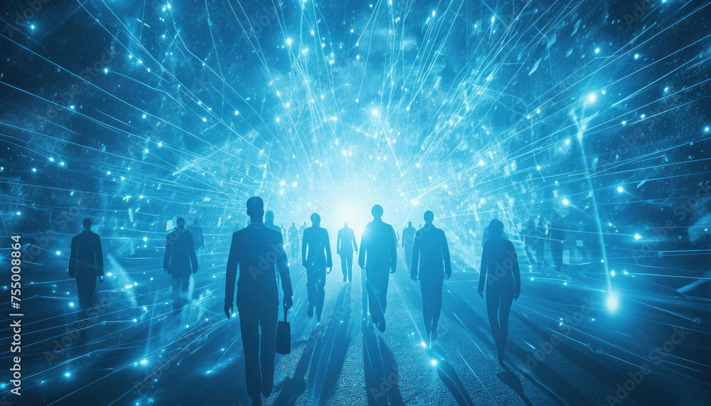 Poster abstract illuminated pathway with silhouettes of people walking through network of blue lines in bus