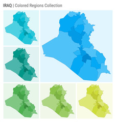 Republic of Iraq map collection. Country shape with colored regions. Light Blue, Cyan, Teal, Green, Light Green, Lime color palettes. Border of Republic of Iraq with provinces for your infographic.