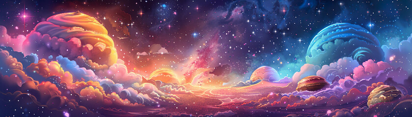Fototapeta na wymiar Colorful Cloudscape with Cosmic Planets and Stars