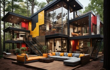 A beautiful house with large windows is situated in the heart of a dense forest. - obrazy, fototapety, plakaty