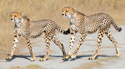 two cheetah walking side by side on a dirt road in front of dry grass and tall brown grass.
