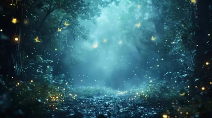 Fotobehang Mystical night in the woods, fireflies glowing like stars, casting a spell of beauty and awe. © tonstock