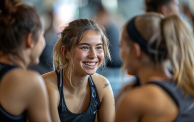 Female gym buddies share a laugh after a successful workout, enjoying each other's company as they unwind.