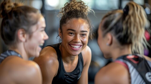 Female gym buddies share a laugh after a successful workout, enjoying each other's company as they unwind.