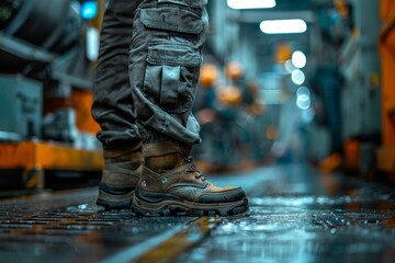 A factory worker in safety gear stands poised for action in a hazardous environment, epitomizing the importance of protective equipment. - obrazy, fototapety, plakaty